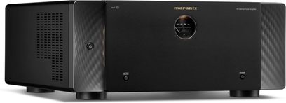 Amplificador de potencia multicanal Marantz AMP 10 negro, vista frontal, con panel frontal de aluminio cepillado y pantalla LED azul