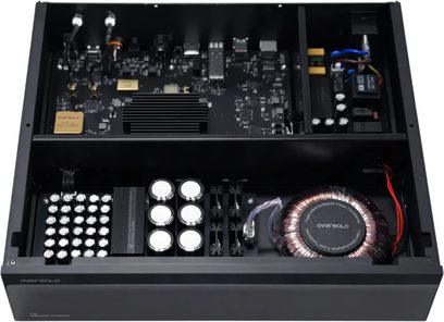 Мережевий аудіопрогравач EverSolo T10, вигляд зверху, відкритий корпус із внутрішніми схемами, конденсаторами та тороїдальним трансформатором