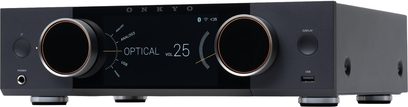 Onkyo Y-50 sort stereo hi-fi-forstærker, moderne front med stort centralt display og to brede drejeknapper, set i trekvart profil