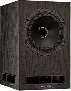Bogreolshøjttaler Fyne Audio F5E, set forfra, mørk træfinish, cirkulær centerhøjttaler, rektangulære basrefleksporte