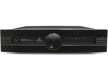 Hi-fi лампов усилвател Synthesis Roma 37DC+ черен, преден панел с бутони, дисплей, жак за слушалки и голям централен въртящ се бутон