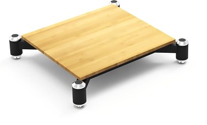 Prateleira retangular de bambu com pés cilíndricos pretos, vista superior em leve mergulho, Norstone Design Spider base bambu