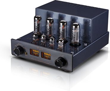 Cayin Jazz 80 EL34 sort integreret stereo rørforstærker i metal med børstet front, to orange baggrundsbelyste VU-metre, store runde knapper og flere synlige glasrør på toppen, set fra trekvart forfra let oppefra