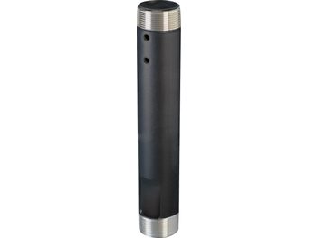 Chief CMS009 black steel projector mount column, matte black cylindrical tube with silver metal threads at both ends, two side openings, and a visible rectangular cutout, front view