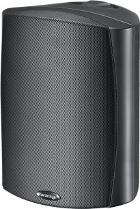 Paradigm Stylus 270 black outdoor speaker, front view, perforated grille covering the front surface, rectangular enclosure with rounded edges