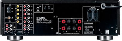 Amplificador estéreo hi-fi Yamaha RX-497 negro, panel frontal, vista frontal, con botones, tomas, pantalla y perillas