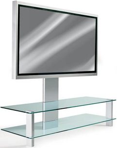 Erard Basik 2464 TV-møbel i glas og metal, 2 hylder, vægbeslag til fladskærm, set forfra på hvid baggrund