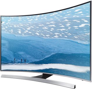 Samsung UE49KU6640UXZF buet TV, flad skærm, frontvisning, viser et snedækket, bjergigt landskab