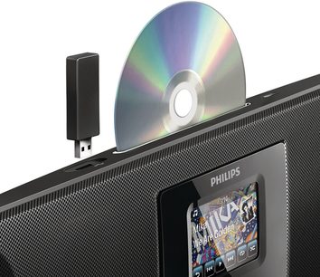 Philips MCI298 sort hi-fi-minianlæg med CD-afspiller, USB-port, LCD-skærm og højttalere, set forfra på hvid baggrund