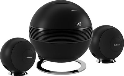 Set di altoparlanti 2.1 nero opaco con subwoofer centrale sferico e 2 altoparlanti sferici su supporti metallici circolari