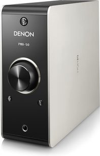 Denon PMA-50 svart och silver stereohögtalare, frontvy i lätt studsande vinkel, frontpanel med vridreglage och hörlursuttag