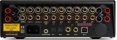 Amplificador hi-fi estéreo Cyrus 6 DAC QXR preto, painel frontal com conectores de áudio, botões e luzes indicadoras vermelhas