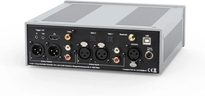 Preamplificador estéreo Pro-Ject Pre Box RS2 Digital gris, vista trasera con conexiones de audio, USB y Bluetooth