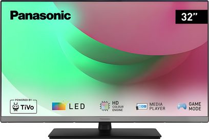 Panasonic TB-32S45AEZ højdefinitions-tv, 32-tommer LED-skærm, set forfra, sort ramme, rektangulær sokkel
