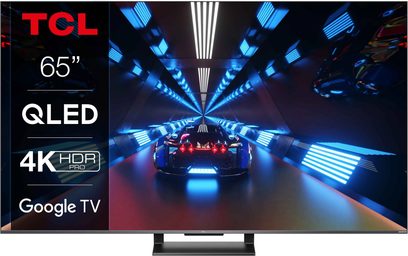 TCL 65C731 65" QLED 4K HDR Pro Google TV, frontvisning, tændt skærm der viser en futuristisk blå bil