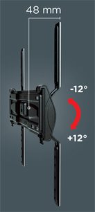 Supporto TV da parete nero, visto di profilo, braccio articolato dispiegato, dimensioni di rotazione e inclinazione indicate in rosso