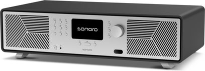 Sonoro Avaton hi-fi süsteem, 3/4 vaade, matkiv grafiit, hõbedane metallesine, ekraan, rullnupp, diagonaalsed võred