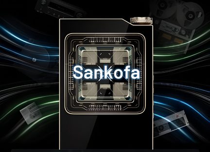 Sort Sankofa-æske med elektronisk chipmønster, på mørk baggrund med blå og grønne lysstriber