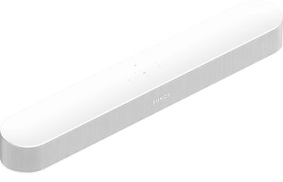 Sonose Beam (2. põlvkond) + Sub Mini valge heliribakomplekt, eestvaade, piklik ümaranurgatega ristkülikukujuline, valge viimistlus