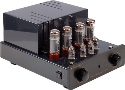 Hi-fi stereo zesilovač PrimaLuna ProLogue Classic EL-34 černý. Obdélníková černá skříň. 8 elektronek seřazených na horní straně