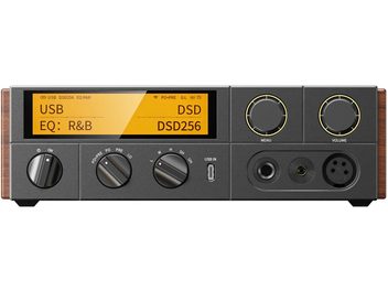Προενισχυτής ακουστικών FiiO K17 R2R μαύρος με πορτοκαλί οθόνη, διπλούς περιστροφικούς επιλογείς και πλαϊνές προσόψεις με εφέ ξύλου