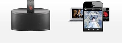 Bowers & Wilkins Z2 sort højttaler, set forfra, og iPhone-skærm der viser et musikalbumcover