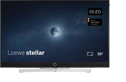 Televízor Loewe Stellar 55 DR+ čierny, pohľad spredu, OLED obrazovka s tenkými okrajmi so strieborným integrovaným soundbarom
