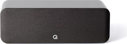 Q Acoustics Concept 90 centralhøjttaler i grålakeret finish, set forfra, med afrundet rektangulær form, sort gitter og sølvfarvet logo