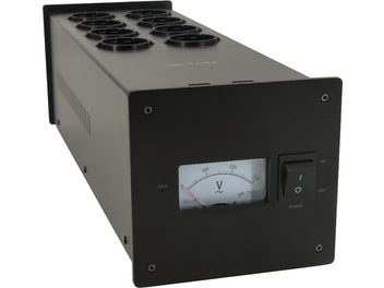 Taga Harmony PF-1000LPS sort, set fra en vinkel, 8 runde stik på toppen, voltmeter og afbryder på fronten