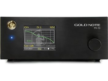 Gold Note PH-10 -musta vinyyliesivahvistin graafisella näytöllä, kiertonupilla, RCA-liittimillä ja USB-portilla etupaneelissa