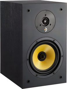 Reproduktor Davis Acoustics Ariane 2 v černé dřevěné skříni, žlutý texturovaný woofer, černý kopulkový tweeter, pohled ze tří čtvrtin