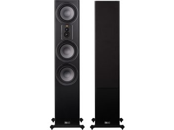 Standlautsprecher Signature 607 in Schwarz Satin, Frontansicht, 4 sichtbare Lautsprecher links, rechte Frontabdeckung angebracht
