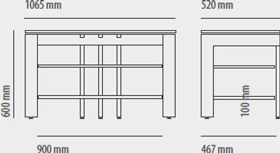 Schroers & Schroers Focus 110 audio-/videomøbel med dimensioner, set forfra og fra siden, 3 hylder, 2 døre, i lyst træ