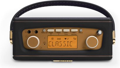 Roberts Revival Uno BT bordradio i sort kunstlæder, gylden metalfront med ravfarvet LCD-skærm, to sidevendrede knapper, række af rektangulære knapper og buet øvre håndtag, set forfra