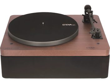 Pladespiller Enova HIFI VELA VP4, træsokkel, sort drejeskive, tonearm og drejeknap til højre, forfra set