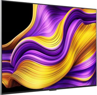 LG kõrglahutusega teler LGOLED48G5 2025 must, üliõhukese metallraamiga, 48-tolline lame OLED-ekraan, millel on lilla ja kollase abstraktse mustriga kujutis, vaade vasakult kolmveerandperspektiivis