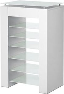 Vogel's Q7068 hvidt audio-/videomøbel, set forfra, 6 glashylder, rektangulær træramme