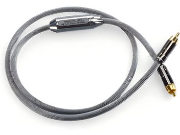 Audio kabel RCA Siltech Explorer 180i, šedý opletený plášť, dva černé samčí konektory se zlatými koncovkami, kovové pouzdro