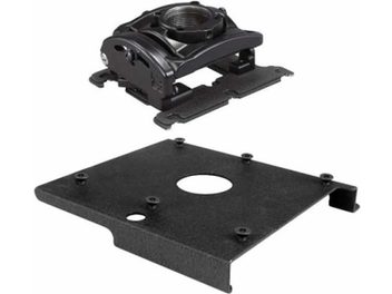 Black metal square mounting bracket and perforated rectangular mounting plate from the Chief Elite JVC kit