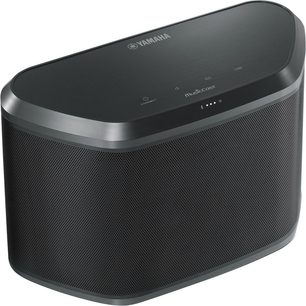 Trådløs, tilsluttet Yamaha WX-030 højttaler i sort, set forfra, oval form, sort gitter, LED-skærm, berøringsknapper på toppen