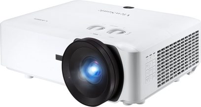 ViewSonic LS921WU hvid projektor, rektangulær, sort linse, tændt, på hvid baggrund, set forfra