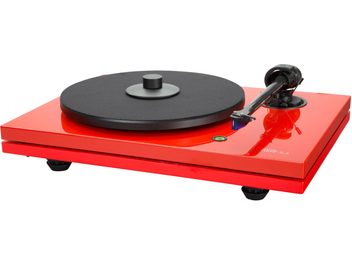 Tocadiscos de vinilo hi-fi Music Hall MMF 5.3 LE rojo, plato negro, brazo de lectura con cápsula, sobre base rectangular rojo brillante