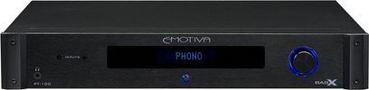 Emotiva BASX PT-100 sort præforstærker med blå "PHONO"-display, blå indgange og drejeknap på forsiden