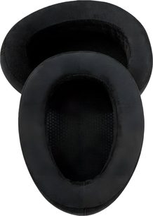 Topview af to skrå Alcantara-sorte Meze Audio-puder, oval facon med synligt indvendigt net