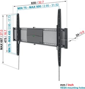Teknisk diagram med dimensioner af en drejelig Vogel's EFW 8305 vægbeslag til TV, set forfra og fra siden