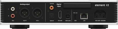 Lettore audio di rete Matrix Audio Element i2 argento in alluminio, vista posteriore, pannello nero con uscite analogiche RCA e XLR, ingresso coassiale, porte USB e LAN, presa di alimentazione IEC