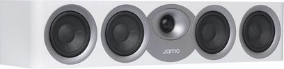 Centrální reproduktor Jamo S43C světle šedý, 5 černých kruhových reproduktorů na světle šedém čele, pohled zepředu