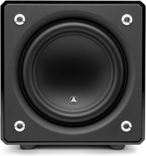 JL Audio E-Sub e110 parlak siyah lake subwoofer, önden görünüm, yuvarlatılmış kübik form, ortada mat siyah dairesel hoparlör