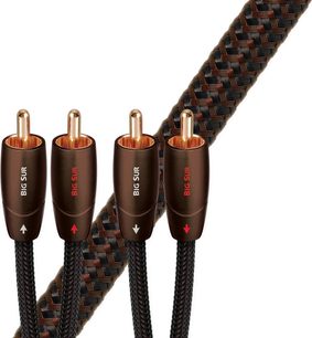 Fire 3 meter Audioquest Big Sur RCA-kabler med forgyldte stik og brunt flettet kabelkabinet, set forfra