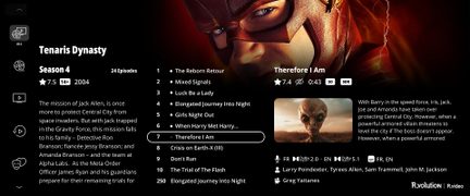Interface de TV exibindo a série Tenaris Dynasty temporada 4, lista de episódios à esquerda e imagem de um super-herói mascarado à direita